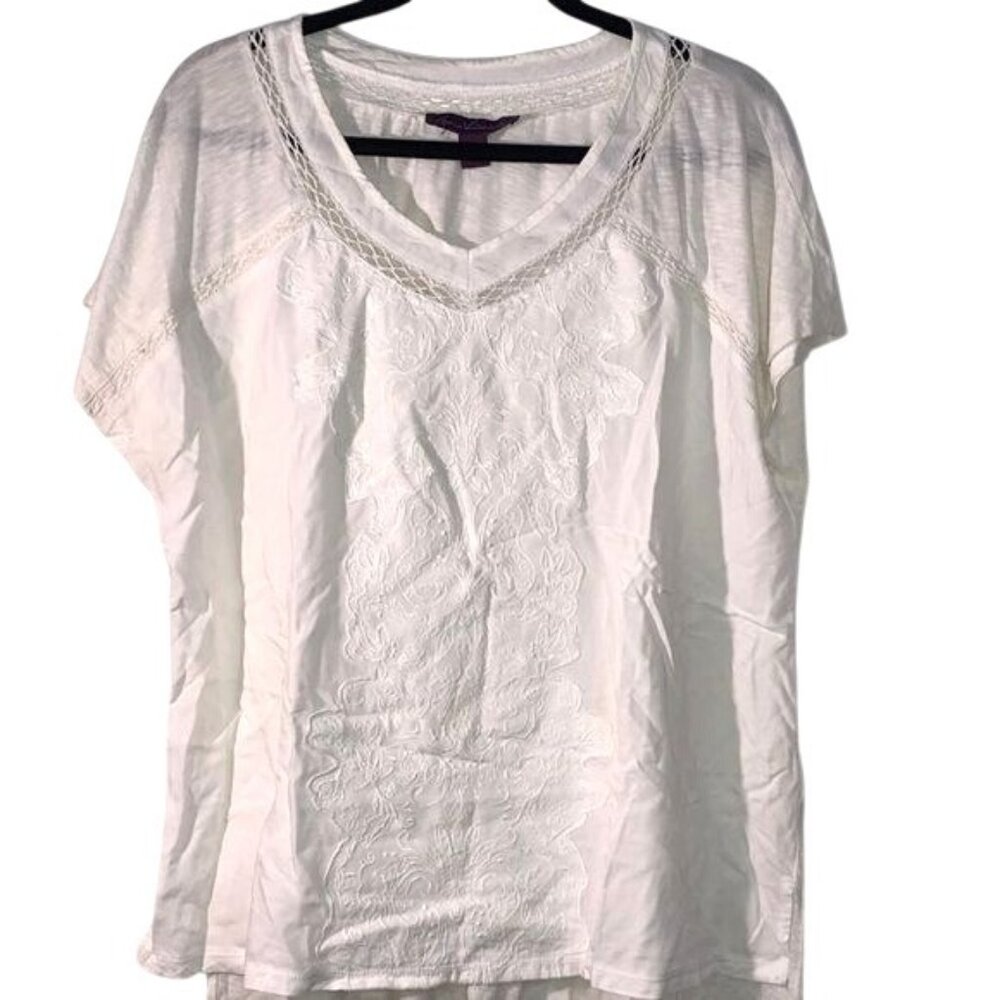 Gloria Vanderbilt Womens White Embroidered V-Neck Top L